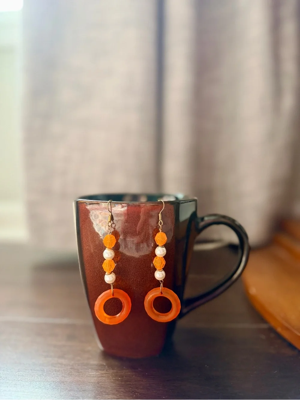 Orange Bead & Pearl Drop Earrings